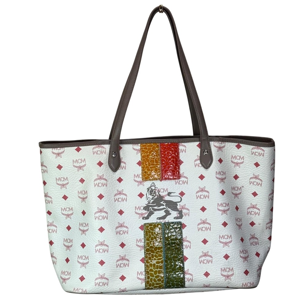 MCM White Visetos Lion Shopper Tote Bag - Rare Crocodile Stripe & Pouch